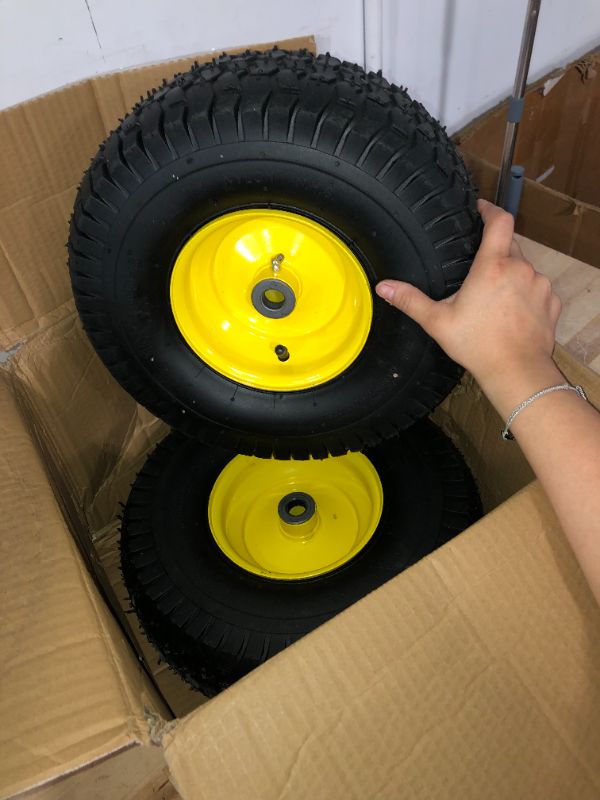 Photo 3 of (2 Pack) AR-PRO Exact Replacement 15" x 6.00-6" Front Tire and Wheel Assemblies for John Deere Riding Mowers - Compatible with John Deere 100 and D100 Series - 3” Centered Hub and 3/4” Bushings 15 x 6.00-6" Yellow