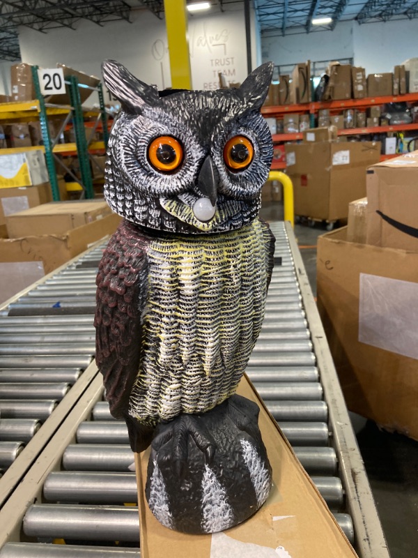 Photo 2 of Hausse Solar Fake Owl Decoy Scare Birds Away, Solar Powered Motion Activated Scarecrow Deterrent Owl with Glowing Eyes, Scary Sound & Rotate Head, Nature Enemy Bird Repellent for Outdoor Garden Yard