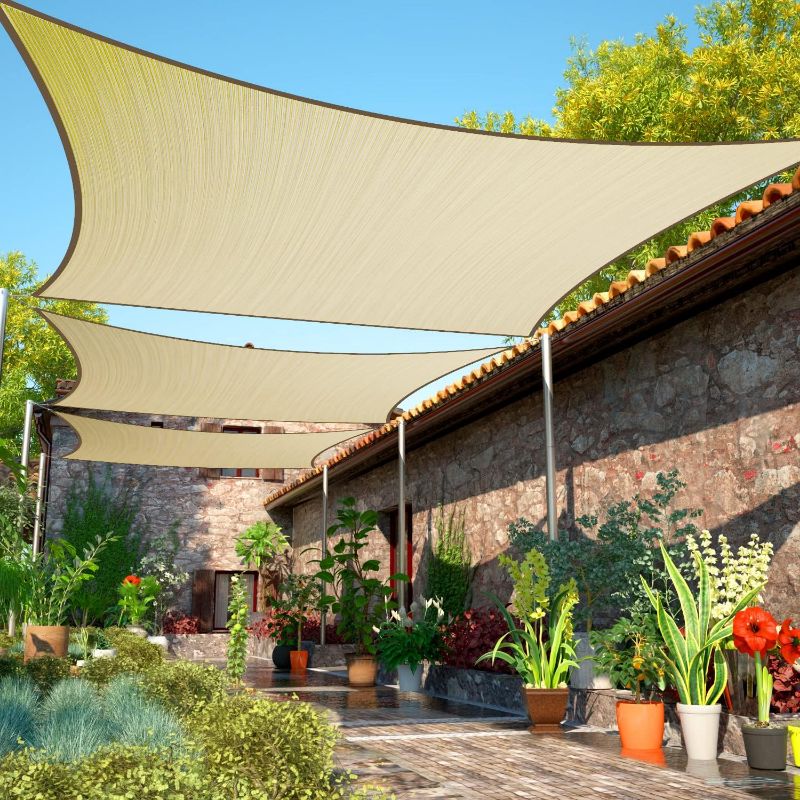 Photo 1 of 12' x 16' Beige Sun Shade Sail Rectangle Canopy Fabric Cloth Screen, Water and Air Permeable & UV Resistant, Heavy Duty, Carport Patio Outdoor