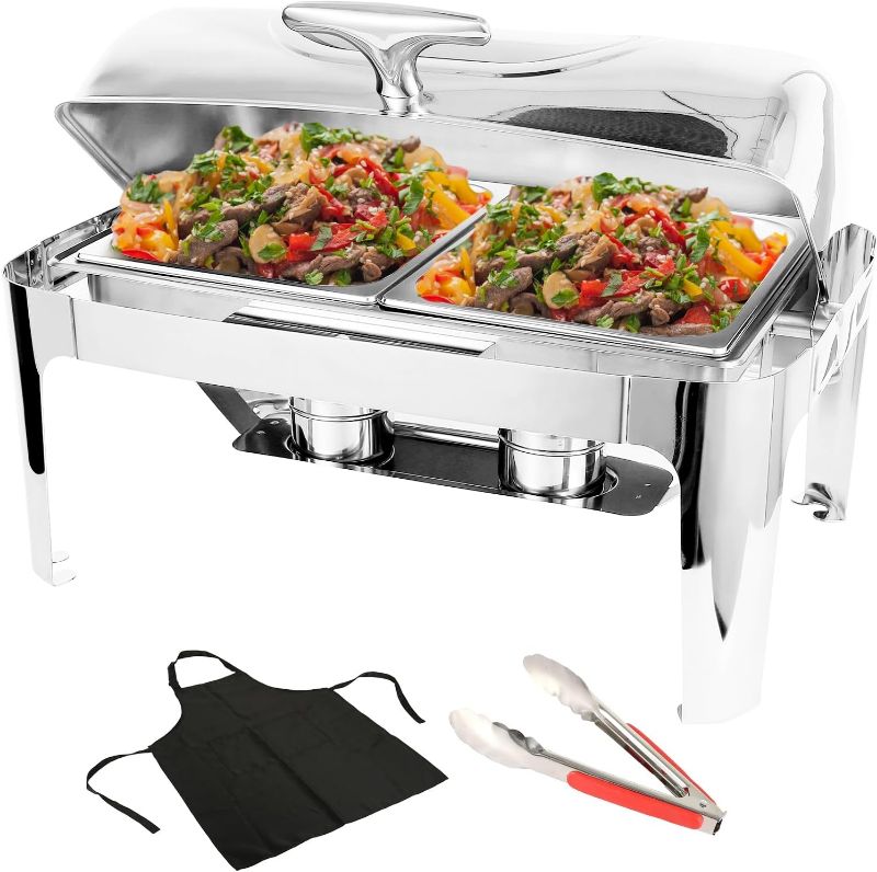 Photo 1 of ***Hinge Damaged***Roll Top Chafing Dish Buffet Set w/Visible Window, 9QT Stainless Steel Chafers and Buffet Warmer for Catering with Half Size Food & Water Pan, Fold Frame, Fuel Holder for Event Party Holiday