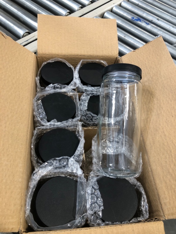 Photo 2 of [ 8 Pack ] Glass Juicing Bottles with 2 Straws & 2 Lids w Hole- 16 OZ Travel Drinking Jars, Water Cups with Black Airtight Lids, Reusable Tall Mason Jar for Juice, Bubble Tea, Smoothie, Tea, Kombucha