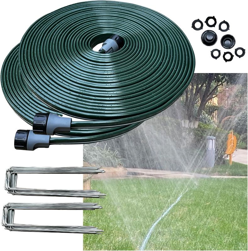 Photo 1 of 2024 100 FT Flat Sprinkler Hose for Lawn Watering Garden Soaker hose with holes, Heavy Duty Lightweight No-Kink Water Hose with Stakes, Irrigation Hose, Great Fun for kids and Dog