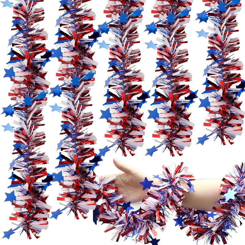 Photo 1 of 33 Ft 4th of July Tinsel Garland,5 Pcs Patriotic Red White and Blue Tinsel Garland with Star Metallic Glitter Hanging Garland for Memorial Day Independence Day Indoor Outdoor Holiday Decorations
