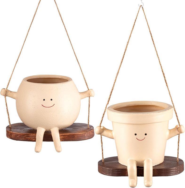 Photo 1 of 2 Pcs Swing Face Pot Hanging Head Planter Cute Plant Pot for Live Plants Outdoor Indoor Resin Plant Succulent Pots for String Lovely Flower Pots with Drainage Hole Gift, Barrel and Spherical