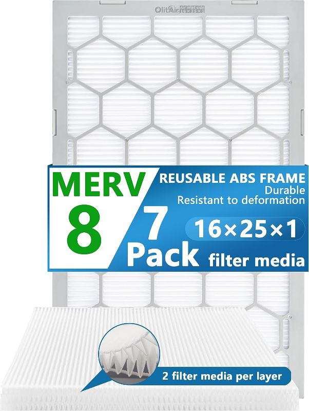 Photo 1 of 16x25x1 MERV 8 Air Filter,AC Furnace Air Filter,Reusable ABS Plastic Frame, 7 Pack Replaceable Filter Media (Actual Size: 15 3/4" x 24 3/4" x 3/4")
