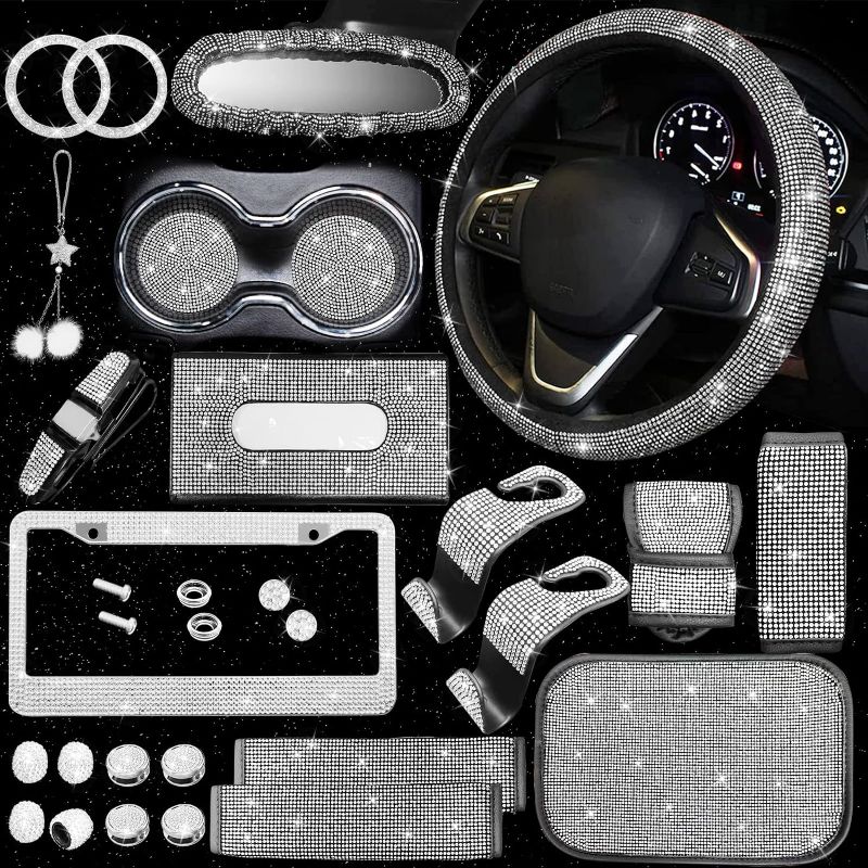 Photo 1 of 25PCS Bling Car Parts Set,Bling Car Parts Set Female Universal Fit 15 Inches,Bling Iicense Plate Frame,Bling Center Console Cover,Bling Rearview Mirror Set,Other Car Decorations(Black)