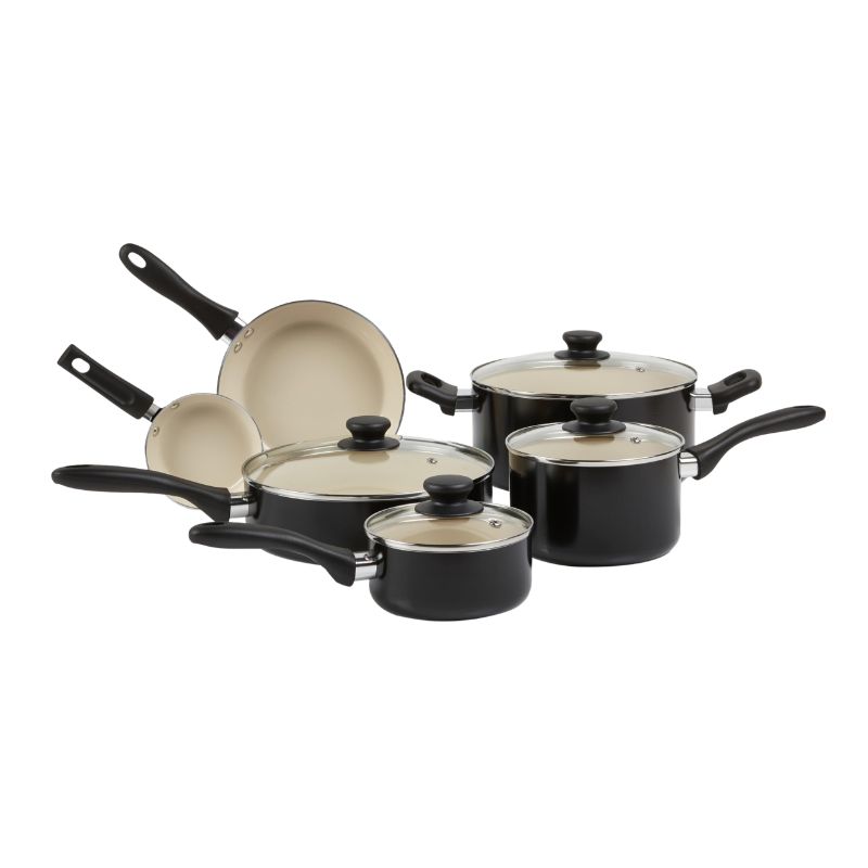 Photo 1 of  CERAMIC NONSTICK POTS AND PANS 11 PIECE COOKWARE SET, MADE WITHOUT PFOA & PTFE, BLACK/CREAM