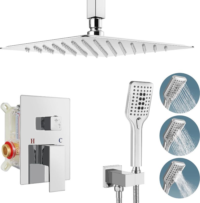 Photo 1 of ** new, open package**
Aolemi Shower System Faucet Polish Chrome Ceiling Mount 12 Inch 
Square Rain Shower Head with 3 Function Hand-held Spray Pressure Balance Shower Valve Kit Luxury Shower Trim Shower Combo Set Bathroom
