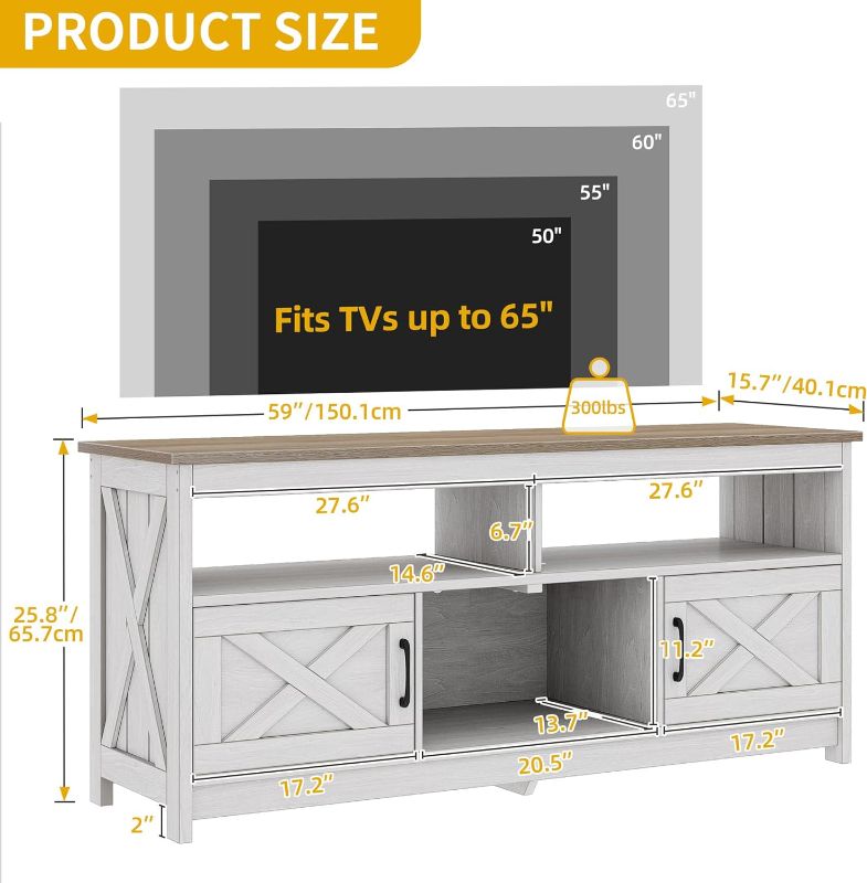 Photo 6 of **NON-REFUNDABLE** (READ FULL POST) DWVO Farmhouse TV Console, TV Stand with Power Outlets for TVs up to 65 Inch, Entertainment Center Mid Century Modern TV Cabinet White