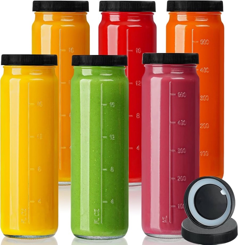 Photo 1 of [6 Pack] 20 Oz Glass Juicing Bottles w Airtight Lids - Reusable Drinking Jars w Scale Marker