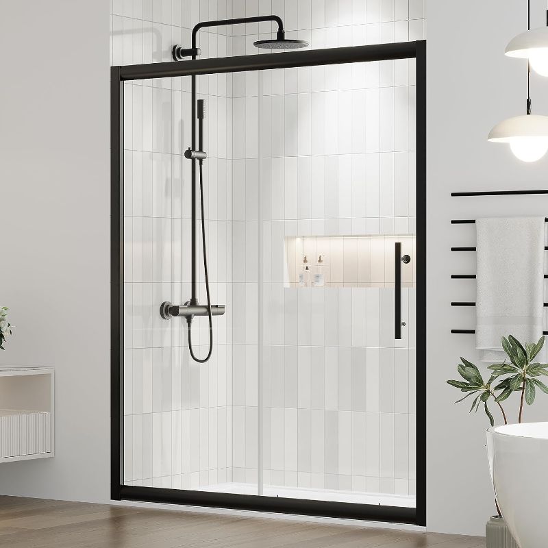 Photo 1 of 
DELAVIN 60.in W x 72.in Semi-Frameless Black Shower Door with Clear Tempered Glass and Easy Roller System, Sliding Shower Door with Water Seal Strips, Glass...
Size:60"W x 72"H
Color:Matte Black