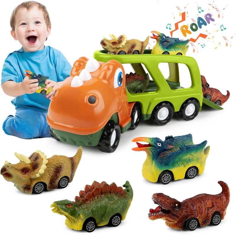 Photo 1 of (2 PACK) Dinosaur Truck Toddler Toys Car: Toys for 2 3 4 Year Old Boy 5 in 1 Carrier Transport Toys for Kids Age 2-3 2-4 | 18 Months 2 Year Old Boy Girl Birthday Gifts
