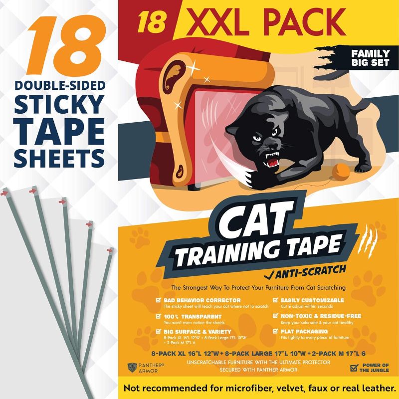 Photo 1 of ***STOCK PHOTO REFERENCE ONLY***
(2 PACK) Panther Armor Cat Couch Protector – 18-Pack Double Sided Cat Anti Scratch Sticky Tape – Scratch Deterrent Tape, Effective Furniture Protectors from Cats