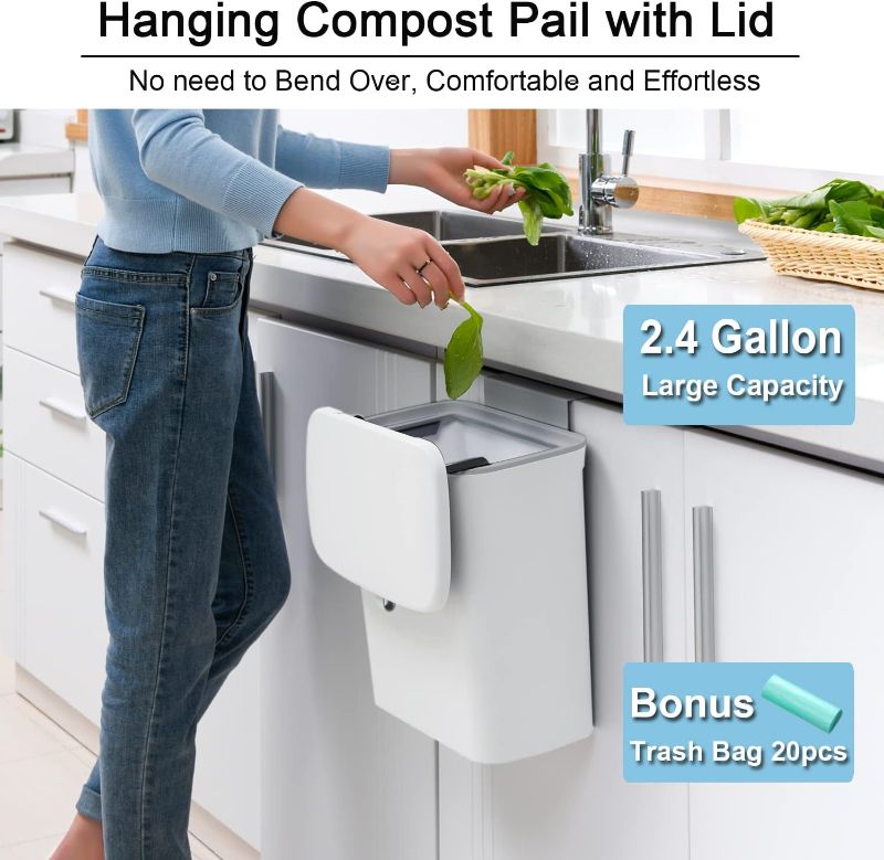 Photo 1 of ***STOCK PHOTO REFERENCE ONLY***SIMILAR PRODUCT**
Tiyafuro 2.4 Gallon Kitchen Compost Bin for Counter Top or Under Sink, Hanging Small Trash Can with Lid for Cupboard/Bathroom/Bedroom/Office/Camping, Mountable Indoor Compost Bucket, White