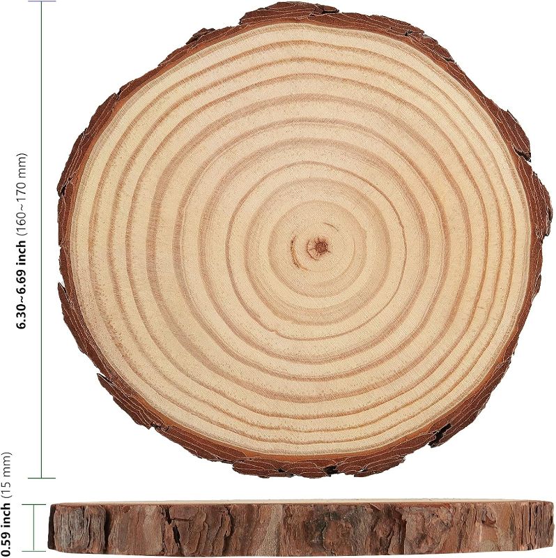 Photo 1 of (READ FULL POST) HAKZEON 14 PCS 6-7 Inches Natural Wood Slices, 3/5 Inches Thick Wood Rounds with Bark, Unfinished Wooden Discs for Crafts Rustic Wedding Ornaments, DIY Arts Christmas Home Decor