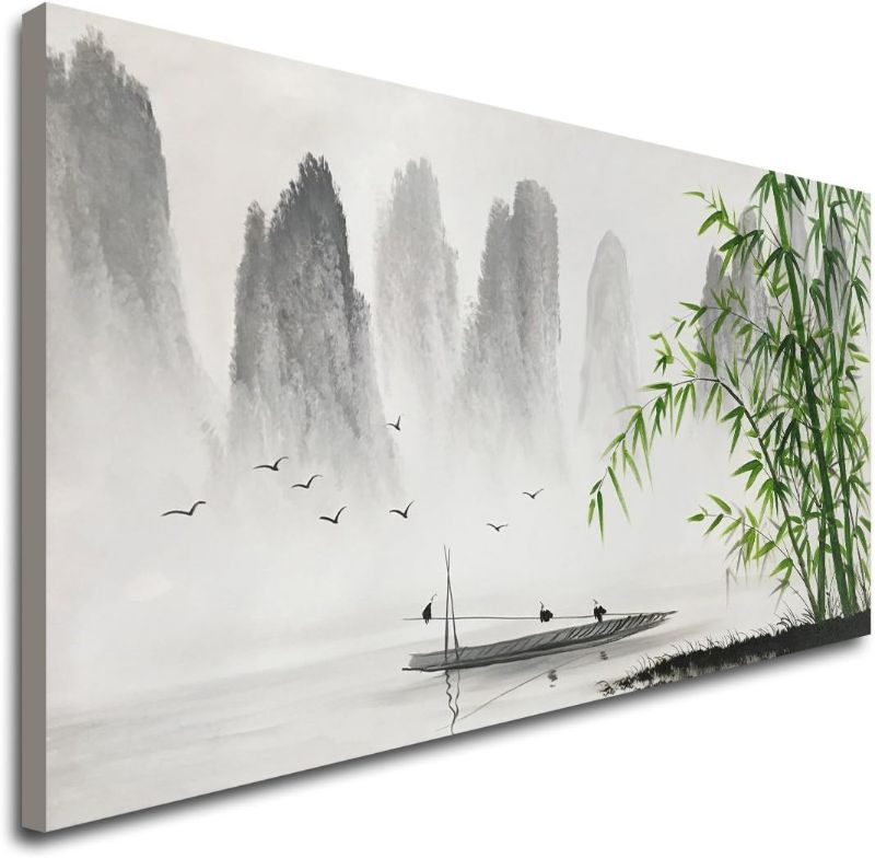 Photo 1 of ** MISSING WOOD ** Traditional Chinese Painting Black and White Landscape Canvas Wall Art Bamboo Artwork 
