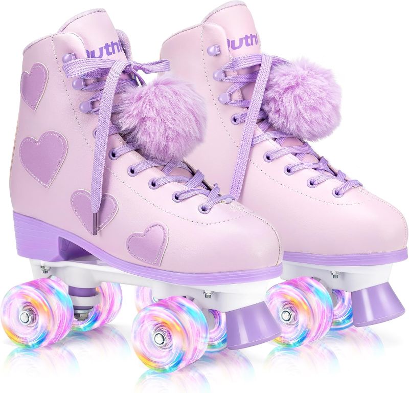 Photo 1 of 
Women's and Girl's Classic Roller Skates with Light up Wheels and Love Heart Pattern, High-top PU Leather Rollerskates