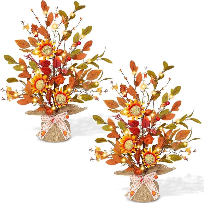 Photo 1 of [ 2 Pack & Timer ] Fall Decor - 18 Inch Prelit Fall Maple Tree with Lights, Artificial Fall Lighted Tree Battery Operated Sunflowers Pumpkins Autumn Harvest Fall Decorations Indoor Home Table Deco