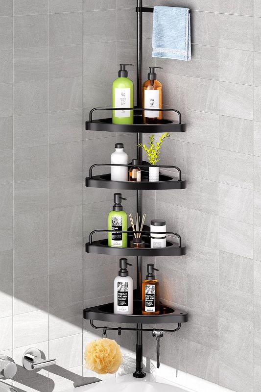 Photo 1 of ***STOCK PHOTO REFERENCE ONLY***Corner Shower Caddy Tension Pole: Adjustable Stainless Steel Shower Organizer with 4 Tier Shelf for Bathroom Bathtub Tub Shampoo -Floor Standing Rack Bath Storage Holder with Rust Proof Rods - Black
