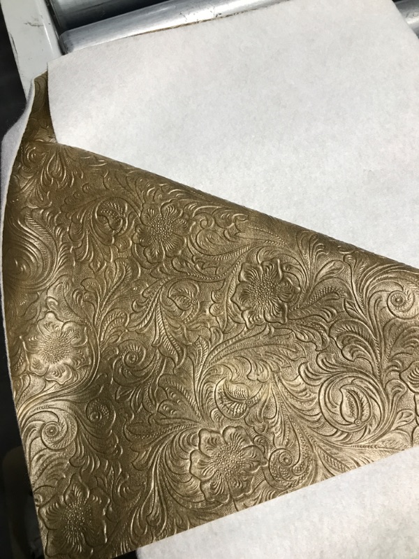 Photo 2 of ***STOCK PHOTO REFERENCE ONLY***
  Tooled Faux Leather Western Cowboy, Floral Embossed Vinyl, Craft DIY and Upholstery Textured PU Pleather Fabric - Individual 1 Yard Cut 36"x54" (Old Gold)