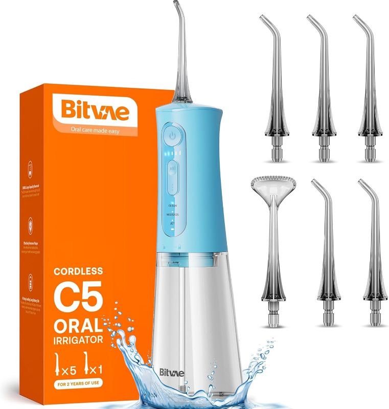 Photo 1 of ***USED - LIKELY MISSING PARTS - UNABLE TO VERIFY FUNCTIONALITY***
Bitvae C5 Water flosser for Teeth, Cordless Water Teeth Cleaner Picks, IPX7 Waterproof Water Flosser, 3 Modes 6 Jet Tips, USB Rechargeable Water Dental Picks for Cleaning - Sky Blue