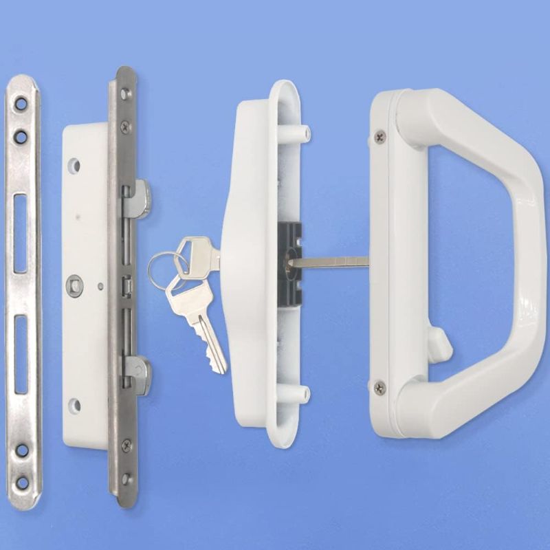 Photo 1 of (READ FULL POST) Sliding Patio Door Handle Set with Mortise Lock, Suitable for Sliding Glass Patio Door Thickness from 1.5in to 2in, 4-15/16" Screw Holes, Need to Drill, Reversible Design, Keyed, White