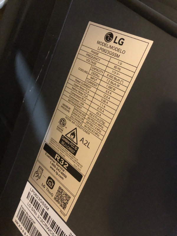 Photo 7 of **PARTS ONLY NON REFUNDABLE** READ NOTES**
LG 8000 BTU (DOE) / (12000 ASHRAE) Portable Air Conditioners Cools 350 Sqft Easy Install & WiFi App Remote Eco-friendly, Quiet Small & Medium Room Air Conditioner AC Unit Home Gray LP0823GSSM 8,000 BTU Wi-Fi & Re