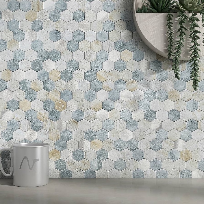 Photo 1 of (MISSING SHEETS) 
MOFIT Hexagon Peel and Stick Backsplash Tiles Kitchen,Self-Adhesive Metal and Marble Honeycomb Peel and Stick Wall Tiles Sticker Mosaic Heat Resistant(Blue Green Gray,10sheets)