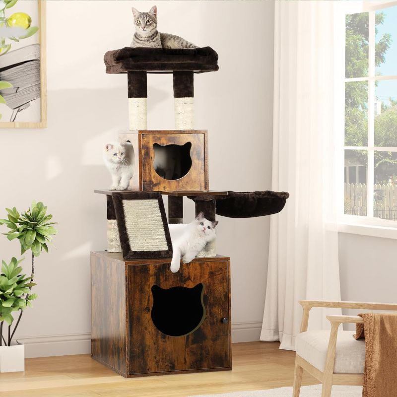 Photo 1 of ***USED - MISSING PARTS - NO INSTRUCTIONS - CHIPPED AND SCRATCHED - SEE PICTURES***
YITAHOME Modern Cat Tree with Litter Box Enclosure, Tall Heavy Duty Cat Tower with Cat Condo,Cat House, Blanket for Indoor Large Cats, Rustic Brown