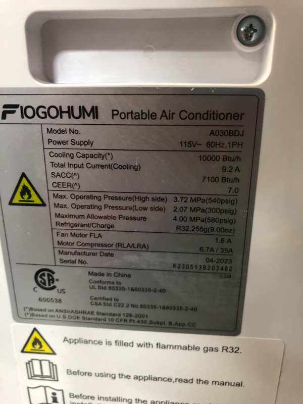 Photo 6 of ***DAMAGED - NO PACKAGING - SEE COMMENTS***
FIOGOHUMI 10000BTU Portable Air Conditioners - Portable AC Unit with Built-in Dehumidifier Fan Mode for Room up to 350 sq.ft. - Room Air Conditioner with 24H Timer & Remote Control Window Mount Kit