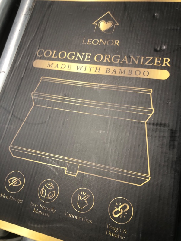 Photo 3 of ***FACTORY SEALED***LeoNor Cologne Organizer for Men - Bamboo Cologne Shelf - Minimalist Style Bamboo Organizer w/Hidden Storage - Durable 2 Tier Black Dresser Organizer | Cologne Stand | Perfume organizer for dresser