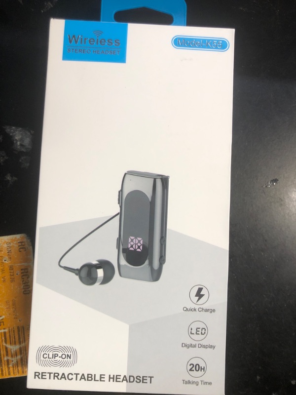 Photo 2 of ***FACTORY SEALED***Retractable Wireless Headset Headphone Stereo Earphone V5.0 Noise Cancelling Mic Clip on Earpiece Comfortable HandsFree Headset 20Hrs Talking Time Sports Business Trucker Driver Earbud