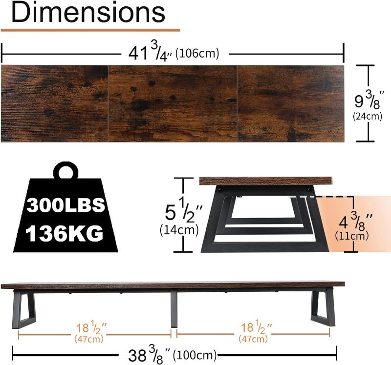 Photo 4 of (READ FULL POST) TEAMIX 42 inch Large [Dual] [Monitor] [Riser],Rustic Brown Extra Long TV [Stand Wood & Steel Desktop [Riser] with Storage for [Dual] Screen Office Desk Organization