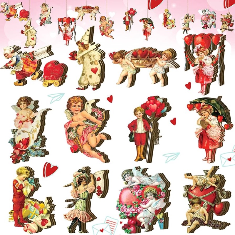 Photo 1 of ***3 Boxes*** 36 Pcs Vintage Valentine Ornaments for Tree Valentine's Day Decorations Retro Wooden Hanging Ornaments Cute Valentine Tree Decorations for Home Valentine's Day Party Supplies (Set of 3)