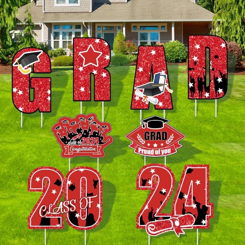 Photo 1 of ***STOCK PHOTO REFERENCE ONLY*** Graduation Yard Signs Class of 2024 Plastic Waterproof Outdoor Graduation Decorations Class of 2024,Graduation Party Decor Congrats Grad Yard Signs (Red)