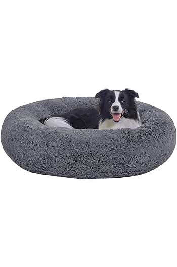 Photo 1 of ***FACTORY SEALED***36" Calming Dog Bed with Removable Cover,Anti Anxiety Donut Dog Bed,Plush Round Pet Beds for Large Dogs,Fluffy Faux Fur Dog Bed,Washable Cuddler Dog Bed(Dark Grey,Large)
