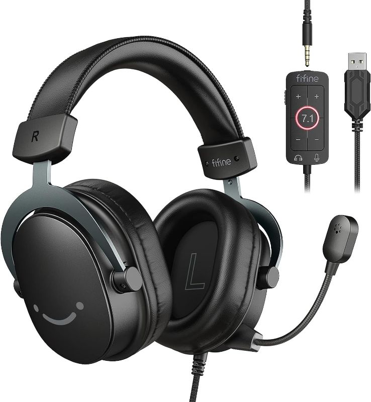 Photo 1 of  FIFINE PC Gaming Headset, USB Headset with 7.1 Surround Sound, Detachable Microphone, Control Box, 3.5mm Headphones Jack, Over-Ear Wired Headset for PS5/Xbox/Switch, Black-AmpliGame H9
