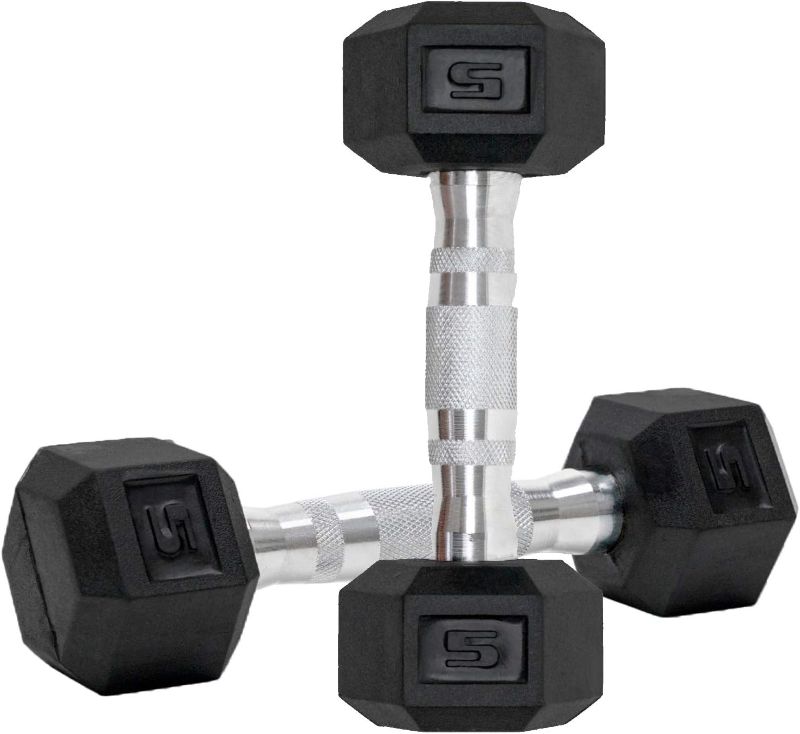 Photo 1 of ***FACTORY SEALED***Dumbbells Set of 2 Hex Rubber Encased Dumbbells, Weights Dumbbells Set with Metal Handle for Exercise and Fitness (5 lb, Pair)
