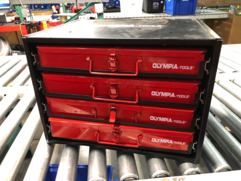 Photo 2 of ***USED - MAJOR DAMAGE - MISSING PARTS - SEE COMMENTS***
Olympia Tools 4-Drawer Hardware Organizer Black/Red, Includes assortments of SAE and Metric Washer/Bolt/Nut, Screw/Grommet, and Auto/Electric Hardware