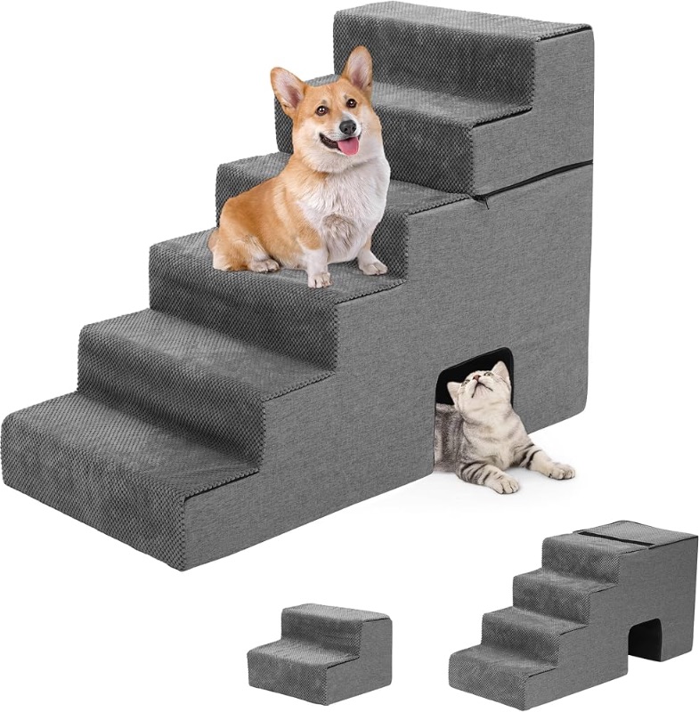 Photo 1 of ***USED - DIRTY - NO PACKAGING***
Dog Stairs for High Bed and Couch, Premium Foam Dog Steps for Small Dogs, Older Pets, Non-Slip Pet Stairs with High-Strength Boards, Removable Washable Cover, 6 Tiers Grey, 28"D x 15.7"W x 36"H