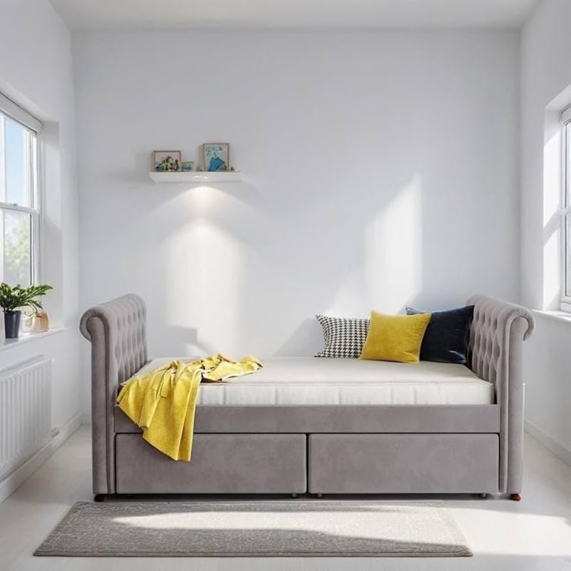 Photo 1 of ***PARTIAL SET.  BOX 2 OF 2***
Twin Size Daybed with Two Storage Drawers Upholstered Bed Wood Slat Support Sofa Arm for Livingroom Beige Modern Contemporary Urban Space Pine Natural Finish