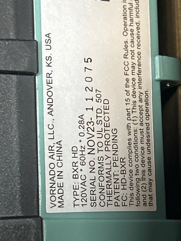 Photo 3 of ***USED - POWERS ON - UNABLE TO TEST FURTHER***
VORNADO BXR HD Heavy-Duty 20 in. 3 Fan Speeds Convertible Tower Fan in Black with IP54 Rated Motor