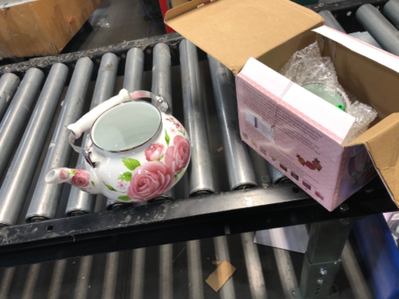 Photo 2 of ***DAMAGED - ENAMEL CHIPPED - SEE PICTURES***
Hiceeden 2.6 Quart Enamel Tea Pot for Stovetop, Pink Vintage Tea Kettle with Floral Pattern, 2.5 L Delicate Cute Steel Water Kettle Pot with Porcelain Handle