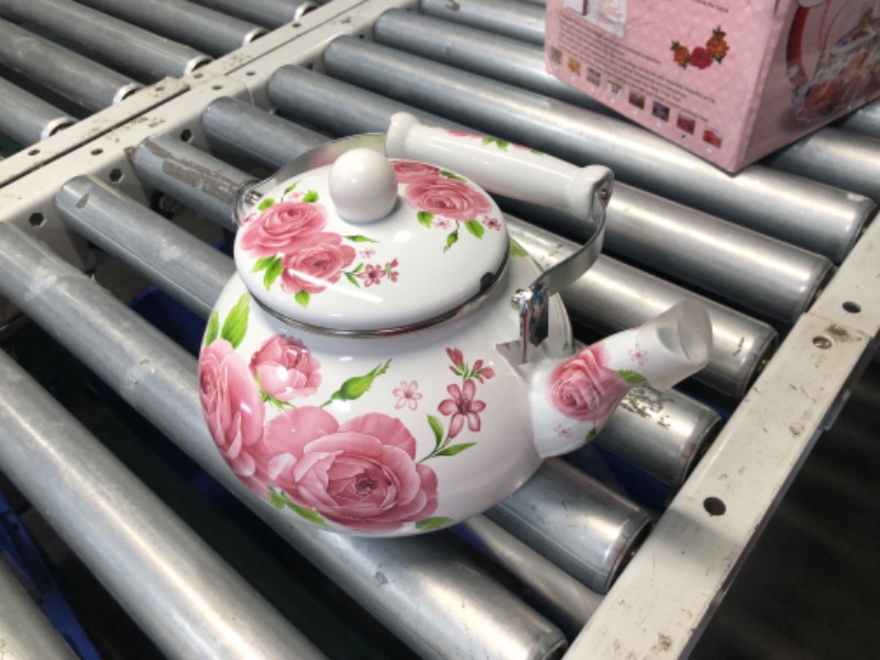 Photo 5 of ***DAMAGED - ENAMEL CHIPPED - SEE PICTURES***
Hiceeden 2.6 Quart Enamel Tea Pot for Stovetop, Pink Vintage Tea Kettle with Floral Pattern, 2.5 L Delicate Cute Steel Water Kettle Pot with Porcelain Handle