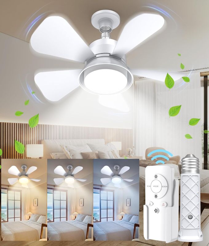 Photo 1 of ***UNABLE TO TEST FUNCTION*** Socket Fan Light Ceiling Fans with Lights and Remote, Dimmable LED Ceiling Fan with Lights, 3 Colors 3000K-6500K, 1000 Lumens Light Bulb Screw in Ceiling Fan for Bedroom, Kitchen, Living Room, Closet
