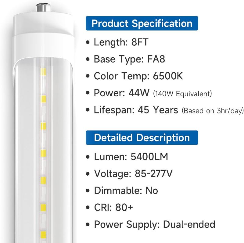 Photo 4 of (READ FULL POST) SHINESTAR 20-Pack 8FT LED Bulbs, Ballast Bypass, 44W 6500K Daylight, F96T12 LED Replacement for T8 T10 T12 Fluorescent Tubes, FA8 Single Pin, Dual-end, Clear Cover