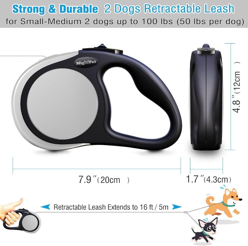 Photo 3 of (READ FULL POST) MigooPet Double Retractable Dog Leash for Two Dogs Up to 50 lbs Per Dog - 16 ft - Coupler Dog Leashes for Small Medium Dogs - One Locked System