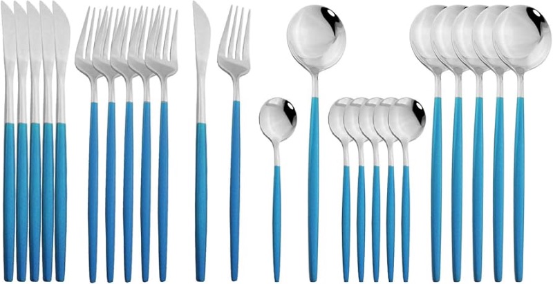 Photo 1 of **SOME HAVE CHIPS**
JASHII Flatware Serving Set 24 Piece, Stainless Steel Silverware Set, Blue Silver Cutlery Set, Modern Elegant Tableware Set for Party, Christmas, Dinner (Blue Silver)