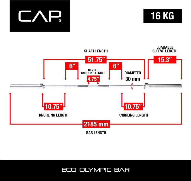 Photo 4 of (READ FULL POST) CAP Barbell Barbell, Chrome - New Version (OBIS-85), 7-Foot, 16KG, Alloy Steel, Medium-Depth Knurling, Olympic Weight Plates, 63,800 PSI Tensile Strength, Rotating Sleeves, 30-Day Warranty