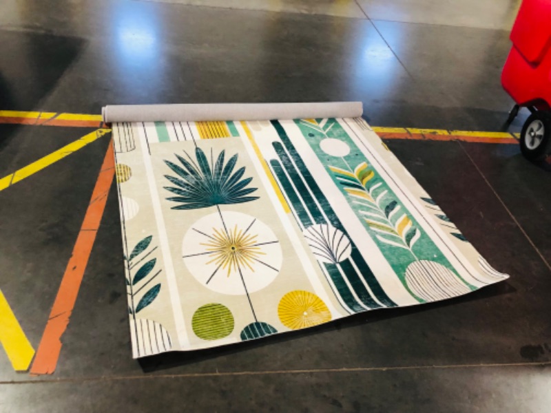 Photo 3 of ***USED - DIRTY - NO PACKAGING***
Ambesonne Mid Century Modern Decorative Rug, Abstract Circles Leaves and Stripes in Nature Color Palette, Quality Carpet for Bedroom Dorm and Living Room, 5' 1" X 7' 5", Fawn Teal Pale Green